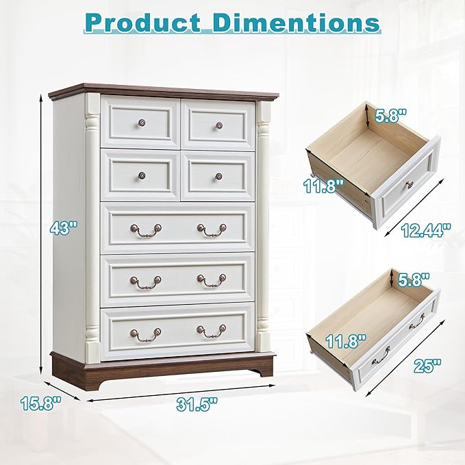 31.5" Farmhouse Sideboard Buffet Cabinet with Storage, Kitchen Buffet Storage Cabinet with 7 Drawers, Modern Wood Accent Sideboard for Living Room, Kitchen, Hallway(Antique White)