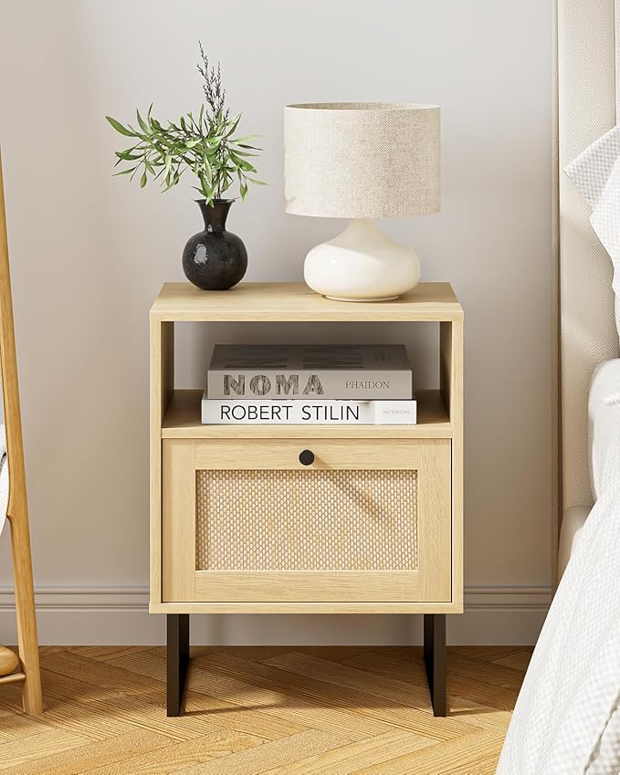 Masupu Rattan Nightstand,Modern Boho Farmhouse Wood Bedside Table with Storage Drawer and Open Shelf,Small Black Frame Side End Table for Bedroom,Living Room,Office (Natural)