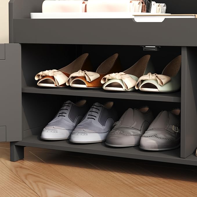 HOMEFORT 30" Shoe Bench with Lift Top Storage, Entryway Bench with Cushioned Seat, Wooden End of Bed Bench, Shoe Cabinet Bench with Hidden Storage Space, for Bedroom, Hallway,Black