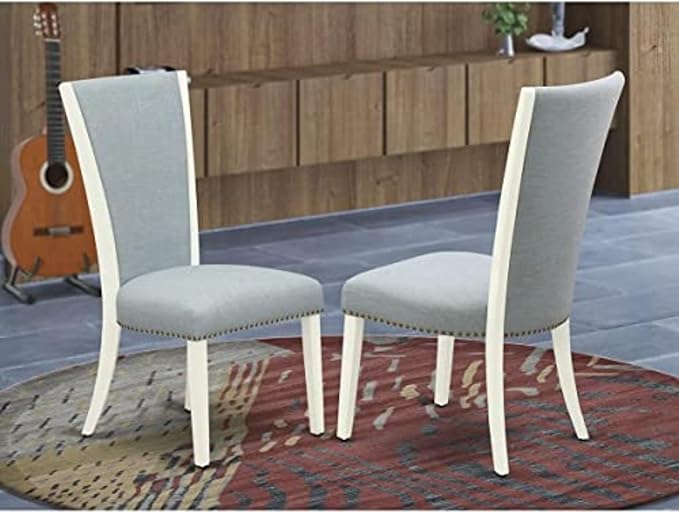 East West Furniture VEP2T15 Verona Parson Dining Chairs - Nailhead Trim Baby Blue Linen Fabric Padded Chairs, Set of 2, Linen White