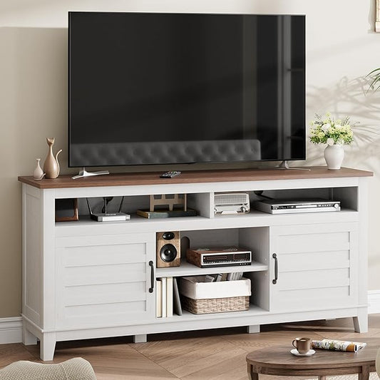 GarveeHome TV Stand for 63 in, Entertainment Center with Adjustable Shelves, Farmhouse TV Stand with Cabinet Doors,for Living Room, Bedroom (White, 63)