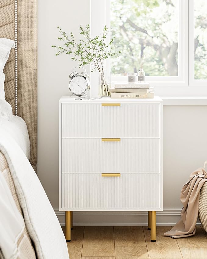 Night Stand,Tall Bedside Table with 3Storage Drawers,White Nightstand,Bedside Furniture,Side Table with Gold Frame,End Table for Bedroom,Living Room (Modern-3drawers, White)