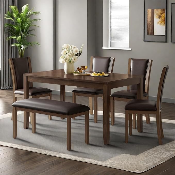 Dining Table Set for 5, 6-Piece Kitchen Table & Chairs Set with Rectangular Table, Bench & 4 Upholstered Chairs, 58'' Dinner Set with Rubber Wood Legs & Curved Backrest for Kitchen, Walnut