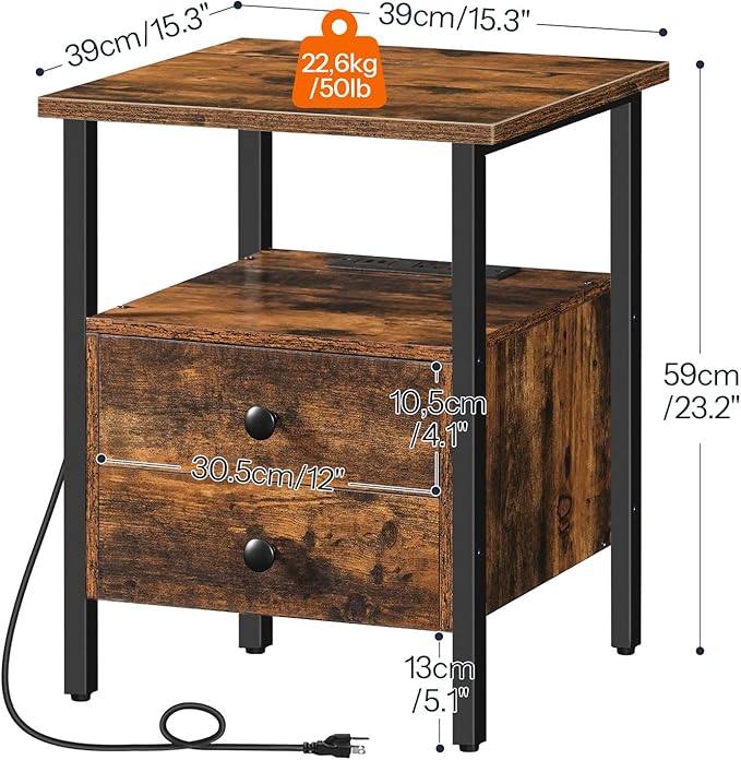 HOOBRO End Table Set of 2 with Charging Station, Nightstand with 2 Drawer & USB Ports & Power Outlets, Bedside Table for Small Spaces, Stable and Sturdy, for Living Room, Rustic Brown BF43UBZP201