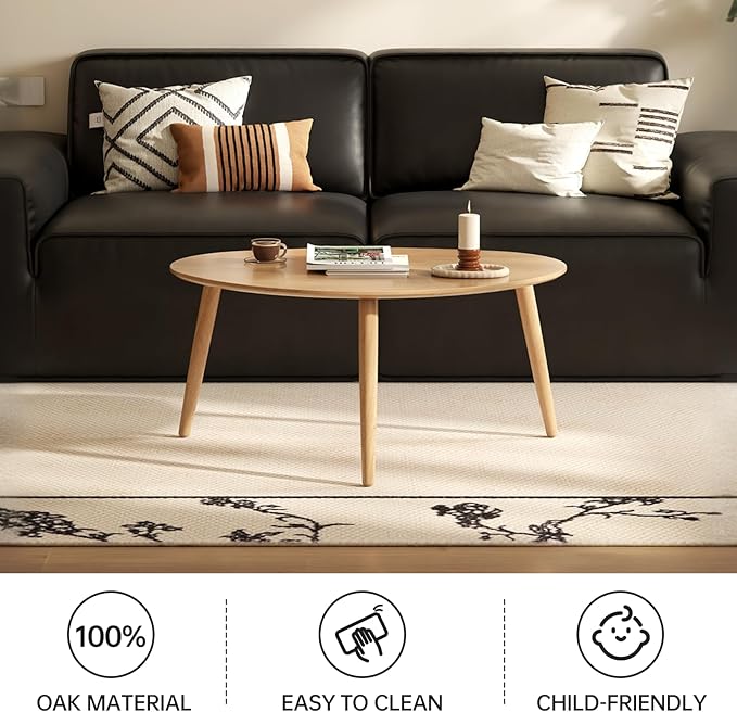 Small Oval Coffee Table, 33.5" Mid Century Modern Coffee Table for Living Room, 100% Solid Oak Wood Side Table, Center Table (Original Wood Color, 33.46''Wx22.83''Dx15.74''H)