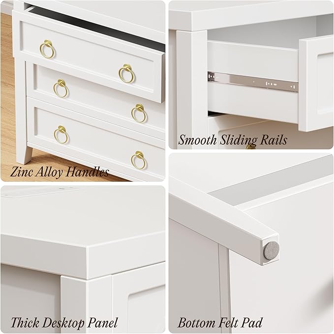 Huuger 23.6 Inch Night Stand with Charger Station and USB-C Port, 3 Drawer Nightstand, Larger Wider Bedside Table, Modern Side End Table, for Bedroom, White Nightstand