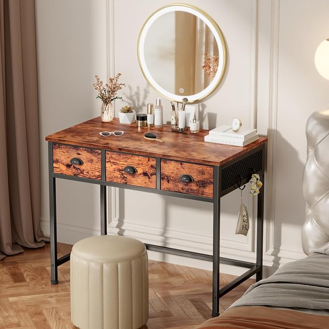 Furologee Small Computer Desk with 3 Fabric Drawers, 40 Inch Simple Home Office Desk, Writing Desk with Hooks, Study Table for Working Small Spaces, Makeup Desk for Bedroom, Rustic Brown