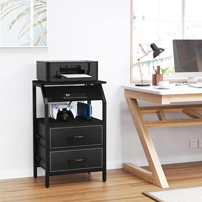 End Table with Light, LED Nightstand with 2 Drawers and Type C Charging Station, Small Fabric Dresser for Bedside, Storage Side Table for Living Room, Dorm, Black