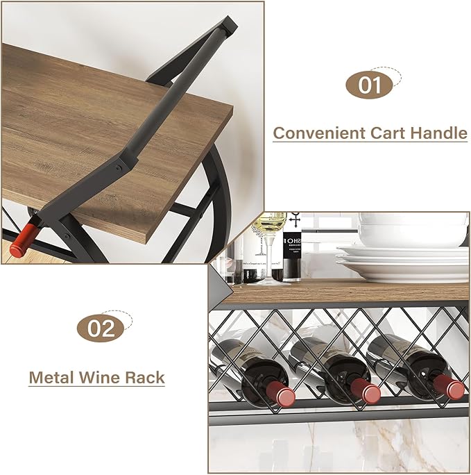 LVB Bar Cart with Wine Rack, 2 Tier Kitchen Cart on Wheels, Modern Wood and Metal Portable Coffee Cart Table for Home, Utility Industrial Mobile Serving Cart with Storage Shelf, Rustic Oak