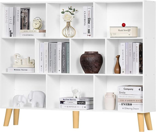 YAHARBO 10 Cube Large Bookshelf,3 Tier Bookcase with Legs,White Mid-Century Modern Bookshelves,Wide Free Standing Open Storage Organizer Shelf,Tall Wooden Book Case Furniture for Living Room,Office