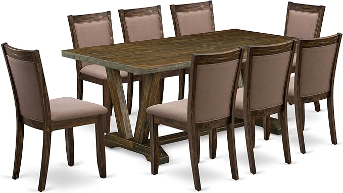 East West Furniture V777MZ748-9 9 Piece Modern Dining Table Set Includes a Rectangle Wooden Table with V-Legs and 8 Coffee Linen Fabric Upholstered Chairs, 40x72 Inch, Multi-Color