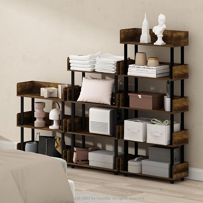 Furinno Turn-N-Tube 5-Tier Multipurposes Display Rack, Open Shelf Rack/Storage with Back & Side Panel, Amber Pine/Black