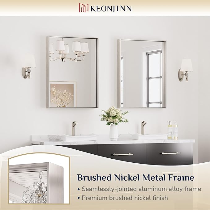 Keonjinn Brushed Nickel Bathroom Mirror for Wall 22 x 30 in, Rectangular Metal Framed Silver Mirror for Vanity Square Corner Aluminum Alloy Rectangle Modern Mirror for Over Sink(Horizontal/Vertical)