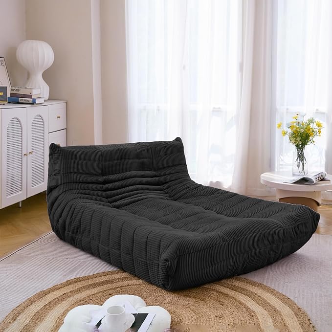 N&V Fireside Lounge Chaise Chair, Mid Century Armless Floor Lounger Sofa, Soft Premium Corduroy Floor Lounge Chair, Foam Sofa Accent Lounger for Living Room Bedroom and Office, Black
