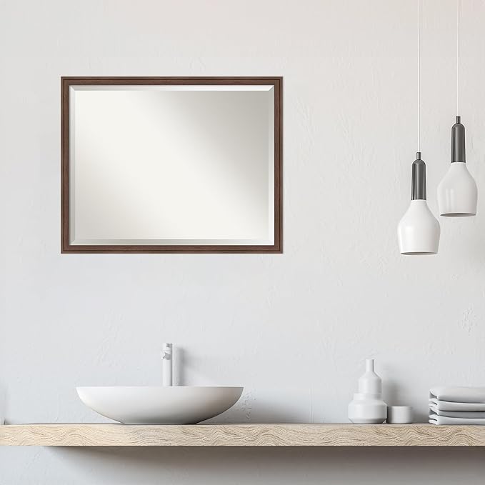 Amanti Art Brown Bathroom Mirror for Over Sink, 24x30 Florence Medium Brown Rectangle Vanity Mirror, Large Casual Frame, Hangs Horizonally and Vertically, Bathroom Wall Decor, Beveled Edge