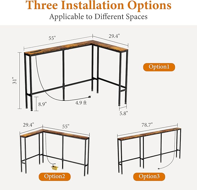 GRLEAF L Shaped Narrow Console Table with Outlet, 78" Sofa Tables Narrow Long, Behind Couch Table, Skinny Entryway Tables with Charging Station,for Living Room,Hallway (Rustic Brown,78IN)