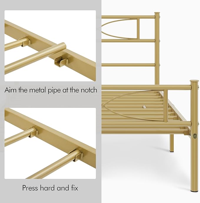 Yaheetech Twin Metal Bed Frame, Platform Bed Frame, Mattress Foundation with Curved Design Headboard & Footboard, Heavy-Duty Support, Easy Assembly, Twin, Antique Gold
