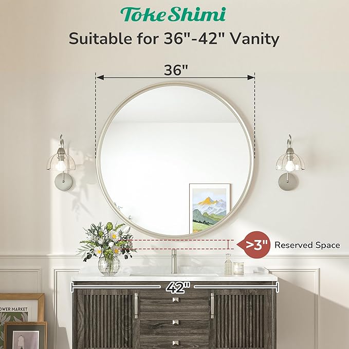 TokeShimi 36 in Round Brushed Nickel Mirror Tempered, Round Mirror Framed Shatterproof, 36x36 Circle Wall Mirror Farmhouse Metal Mirrored for Restroom, Entryway, Bedroom, Vanity, Living Room