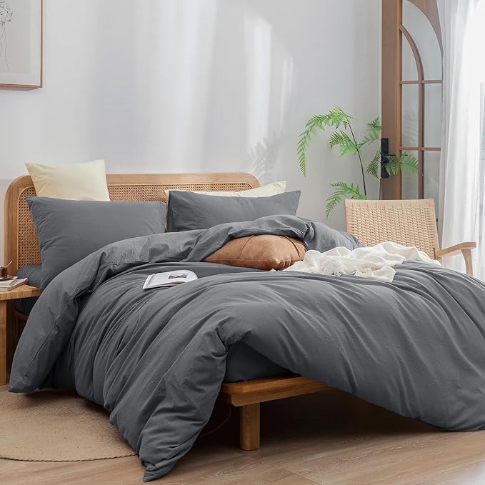 BESTOUCH Duvet Cover Set 100% Washed Cotton Linen Feel Super Soft Comfortable Chic Lightweight 3 PCs Home Bedding Set Solid Quiet Shade Grey Oversized Full