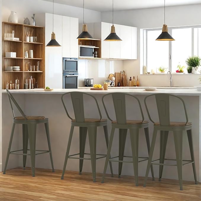 26” Swivel Bar Stools Set of 4, Counter Height Bar Stools Wooden Seat, Metal Industrial Bar Chairs with High Back for Kitchen Island (Rusty)