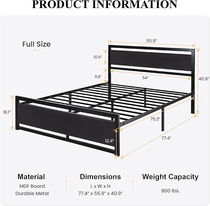 SHA CERLIN Full Size Bed Frame with Modern Headboard, Heavy Duty Platform Metal Base with Square Footboard and 13 Strong Slats Support, No Box Spring Needed, Black
