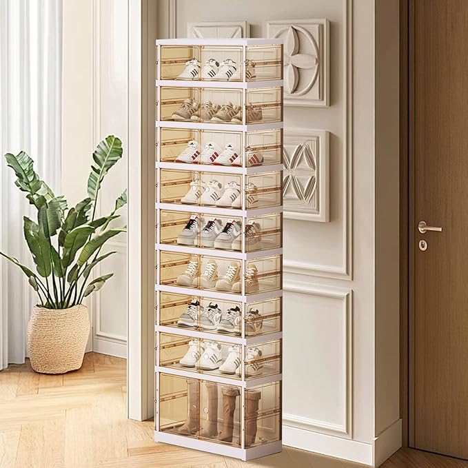 ELPHECO 9 Tier 18 Pairs Plastic Shoe Rack - Clear Foldable Shoe Organizer, Folding Entryway Shoe Cabinet, Collapsible Sneaker with Magnetic Doors, Stackable Shoe Shelf,Three-Sided Clear Shoe Box