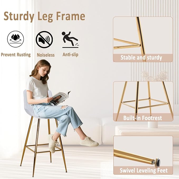 Sidanli Velvet Bar Stools with Gold Legs, Set of 2 Counter Height Stools for Kitchen Island, 29 Inch Modern Barstools with Swivel Leveling Feet, White