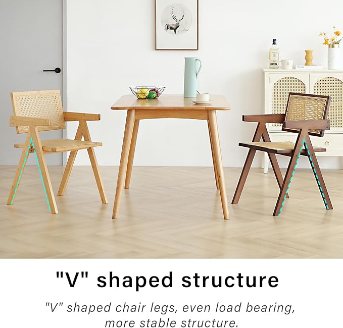 Tiita Rattan Dining Chairs Set of 2, Mid Century Modern Armchairs, Wooden Kitchen Chairs for Dining Room, Living Room, Walnut