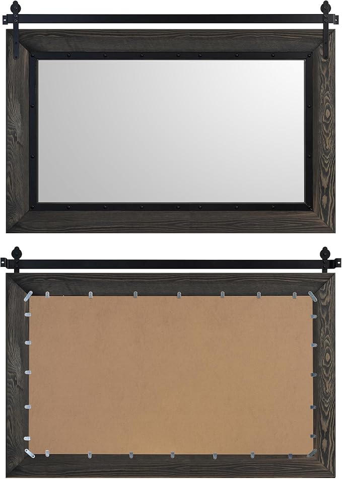 YOSHOOT Farmhouse Barn Door Mirror, 40"x26" Rustic Bathroom Mirror, Wood Frame Wall Mirror, Wooden Mirror for Living Room Bedroom Entryway Wall Décor, Horizontal Hanging ONLY