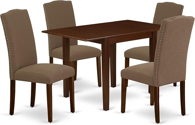 East West Furniture NDEN5-MAH-18 5 Piece Dining Table Set Includes a Rectangle Dining Room Table with Dropleaf and 4 Dark Coffee Linen Fabric Upholstered Chairs, 30x48 Inch, Mahogany