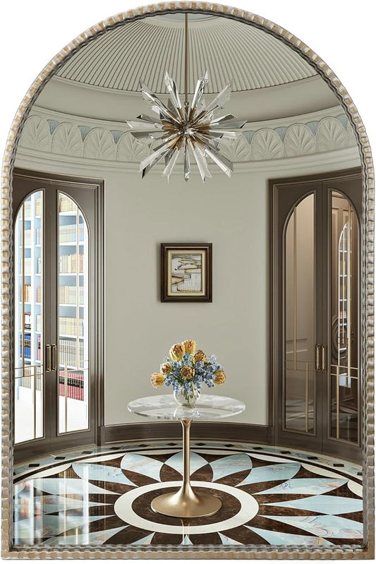 24"x36" Antique Silver Arch Mirror - Retro Distressed Geared Metal Frame Farmhouse Wall Mirror for Bathroom, Living Room, Entryway Hall