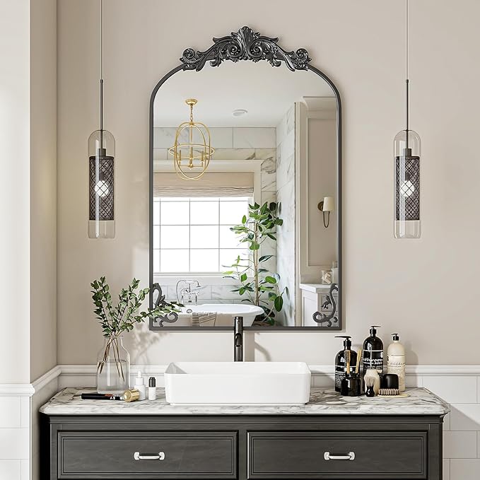 26x38 inch Vintage Arched Bathroom Mirror - Gorgeous Wall Vanity Mirror with Beautiful Retro Top and Bottom Engraving Process Frame for Entryway Hallway Living Room, Black