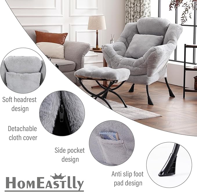 Lazy Chair with Ottoman, Modern Large Accent Lounge Chair with a Pillow, Leisure Sofa Armchair, Reading Chair with Footrest for Bedroom, Living Room,Plush White Gray