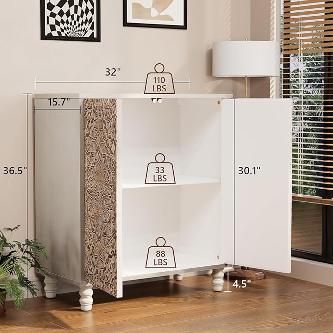 COSIEST Set of 2 32" Buffet Sideboard Cabinets with Vintage Firework Carved Pinewood Doors, Push-to-Open, Storage Accent Cabinet for Living Room, Kitchen, Hallway, Gray
