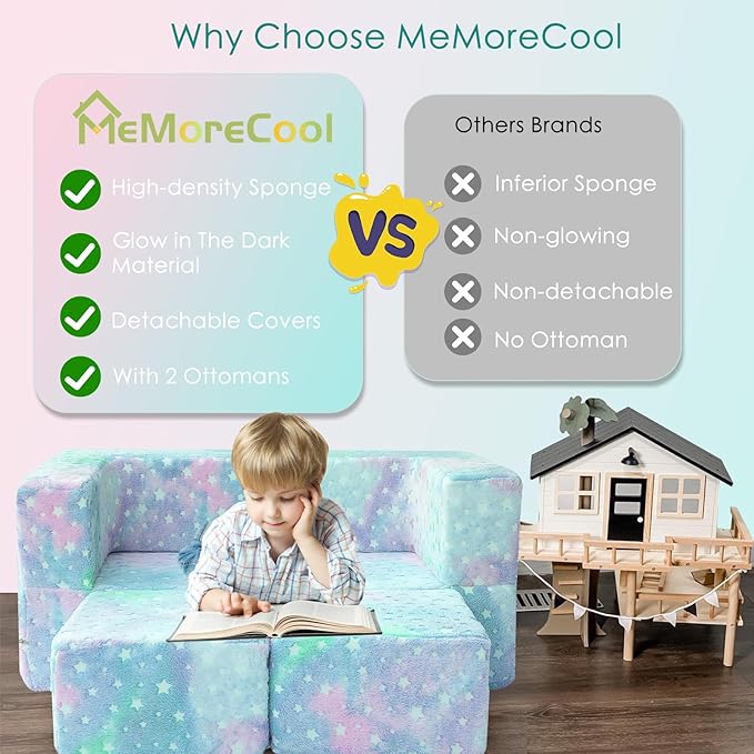 MeMoreCool Kids Play Couch for Playroom, Toddler Glow in Dark Sofa, Modular Bedroom Furniture