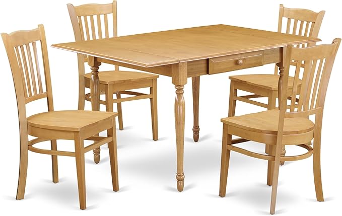 East West Furniture MZGR5-OAK-W 5 Piece Kitchen Table Set for 4 Includes a Rectangle Dining Room Table with Dropleaf and 4 Dining Chairs, 36x54 Inch, Oak