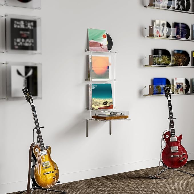 HMYHUM Wall Mounted Acrylic Record Player Stand, Clear Floating Record Player Table with Vinyl Storage, Modern, 15.6" L x 11.6" W x 40.2" H