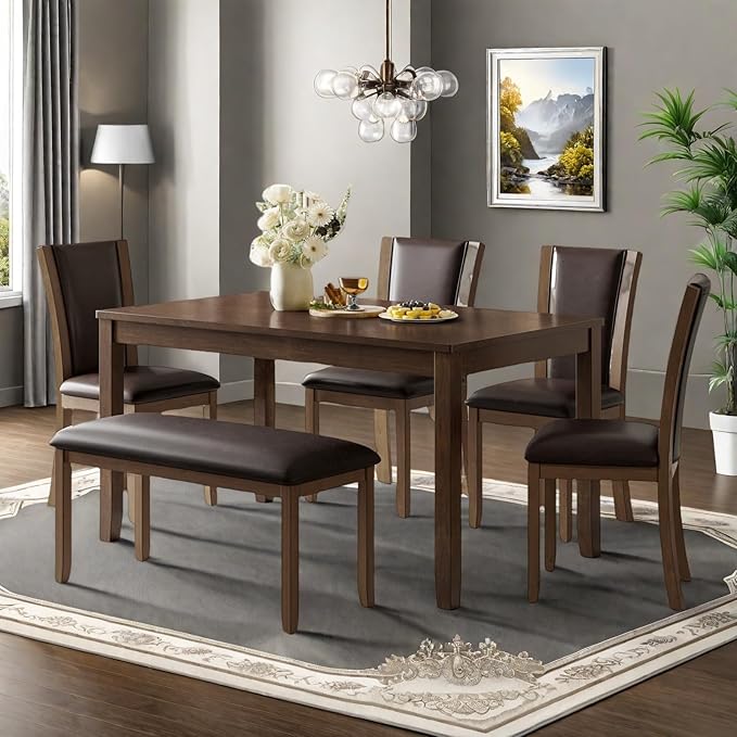 Dining Table Set for 5, 6-Piece Kitchen Table & Chairs Set with Rectangular Table, Bench & 4 Upholstered Chairs, 58'' Dinner Set with Rubber Wood Legs & Curved Backrest for Kitchen, Walnut