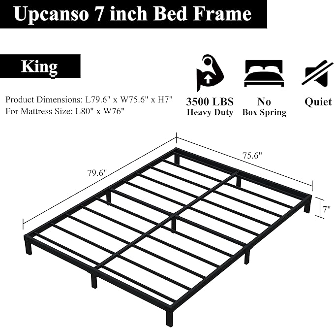 7 Inch King Bed Frame No Box Spring Need, Low Profile Metal Platform King Size Bed Frame, Heavy Duty Support Bedframes King, Easy Assembly