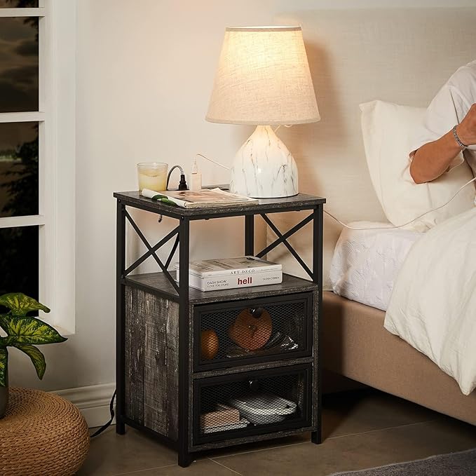 VECELO Oak Gray End Table with USB Ports and Outlets,24 Inch Nightstands with Charging Station and Storage Shelf for Bedroom,Living Room, 2 Set
