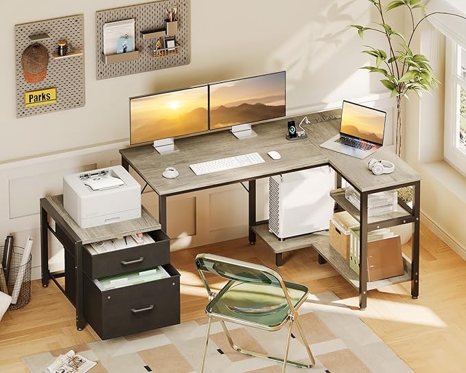 Casaottima L Shaped Desk with Drawers & File Cabinet, Computer Desk with Storage Shelves & CPU Stand, Corner Desk with Power Outlets, Reversible L Desk for Home Office, Grey