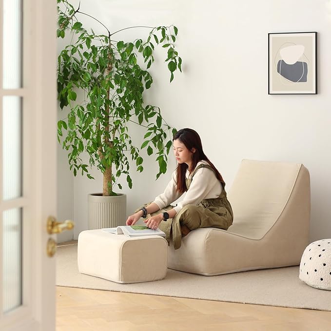 N&V Bean Bag Chair Single Seated Foam Sofa Armless Floor Sofa with High Density Foam Removable and Machine Washable Cover (Champagne, Large, No Stripes)