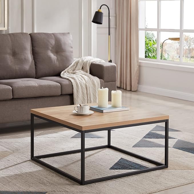 CENSI 30"x30" Natural Oak Accent Coffee Table Ottoman for Living Room, Modern Industrial Style, 1.2" Extra Thick Tabletop (Light Wood)
