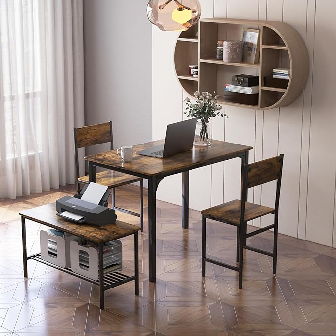 Giantex Dining Table Set for 4, Kitchen Table with Bench and Chairs, Industrial Gathering Bench Dining Set W/Metal Frame & Storage Rack, Dinette Set, Modern Functional Desk Set (Coffee)