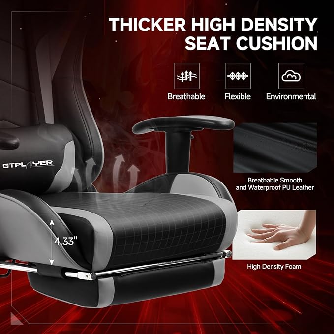 GTPLAYER Gaming Chair with Bluetooth Speakers and Footrest, Ergonomic Gamer Chair with Reclining Backrest, 3D Armrests, Adjustable Seat Height, Computer Desk Chair for Adults (Grey)