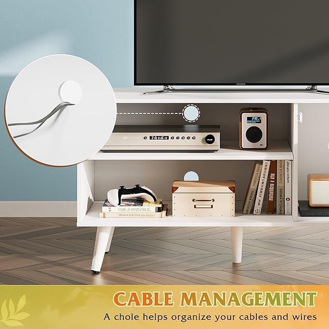 WLIVE TV Stand for 43 Inch TV, Small Entertainment Center with Storage Cabinet & Adjustable Shelves, Mid-Century Modern TV Stands for Living Room and Bedroom, TV Console Suit 32 Inch TV, White