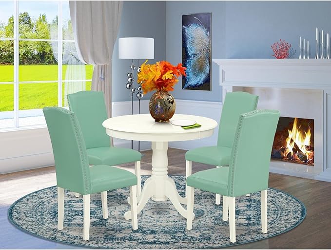 East West Furniture ANEN5-LWH-57 5 Piece Dining Room Table Set Includes a Round Kitchen Table with Pedestal and 4 Pond Faux Leather Parsons Dining Chairs, 36x36 Inch, Linen White