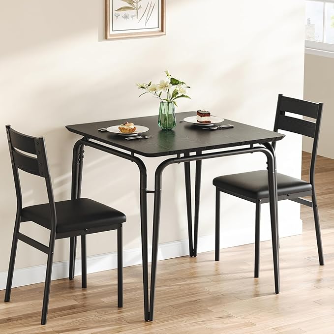 Dining Table Set for 2, Space-Saving Square 3-Piece Dinette with 2 Chairs, Modern Kitchen Furniture for Small Spaces & Apartments