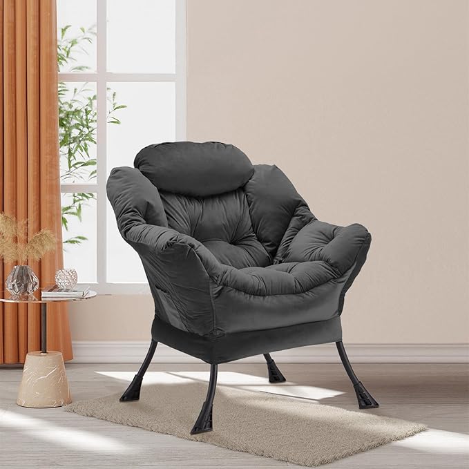 Lazy Chair Thick Padded, Comfy Velvet Accent Lounge Chair with Stable Frame, Leisure Sofa Armchair with Armrests and Side Pocket, Reading Chair for Bedroom, Living Room, Office, Charcoal