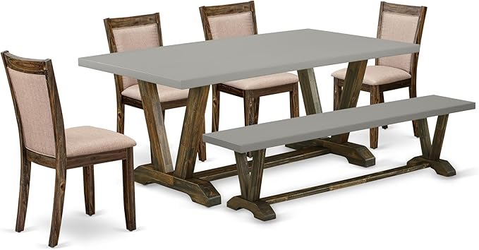 East West Furniture V797MZ716-6 6 Piece Kitchen Table Set Contains a Rectangle Dining Table with V-Legs and 4 Dark Khaki Linen Fabric Parson Chairs with a Bench, 40x72 Inch, Multi-Color